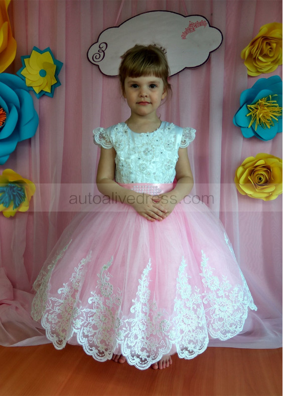 Beaded White And Pink Lace Flower Girl Dress